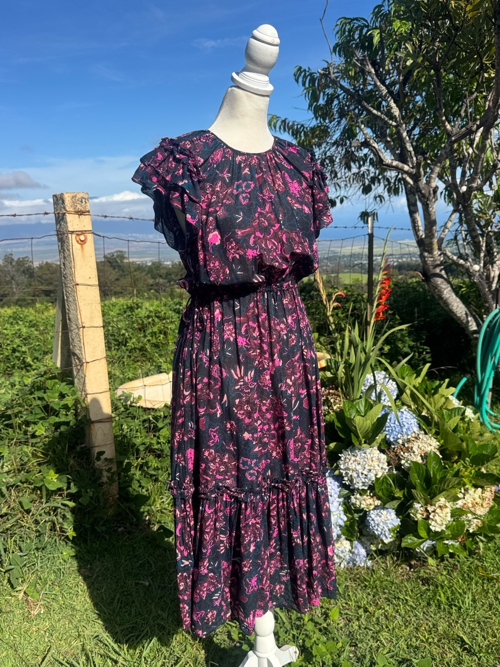 Ulla Johnson Arlene Maxi Dress Navy Blue Pink Floral Flutter Sleeve Tiered Sz 0 - Picture 4 of 8